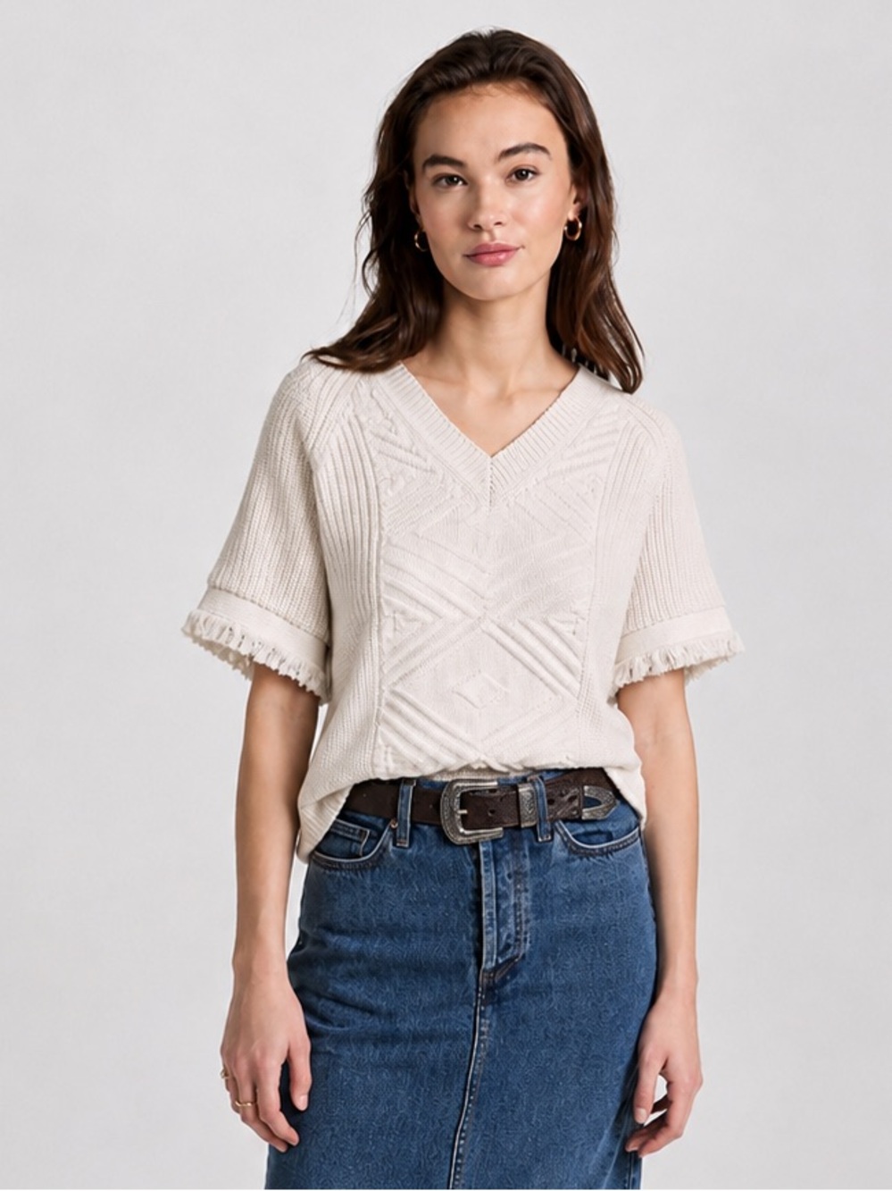 Boho Western Fringe Sleeve Knit Sweater Women's Size M